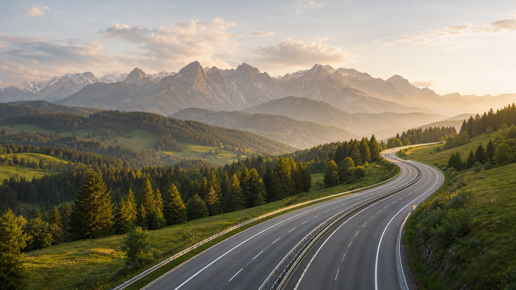 Austrian alpine motorway at golden hour